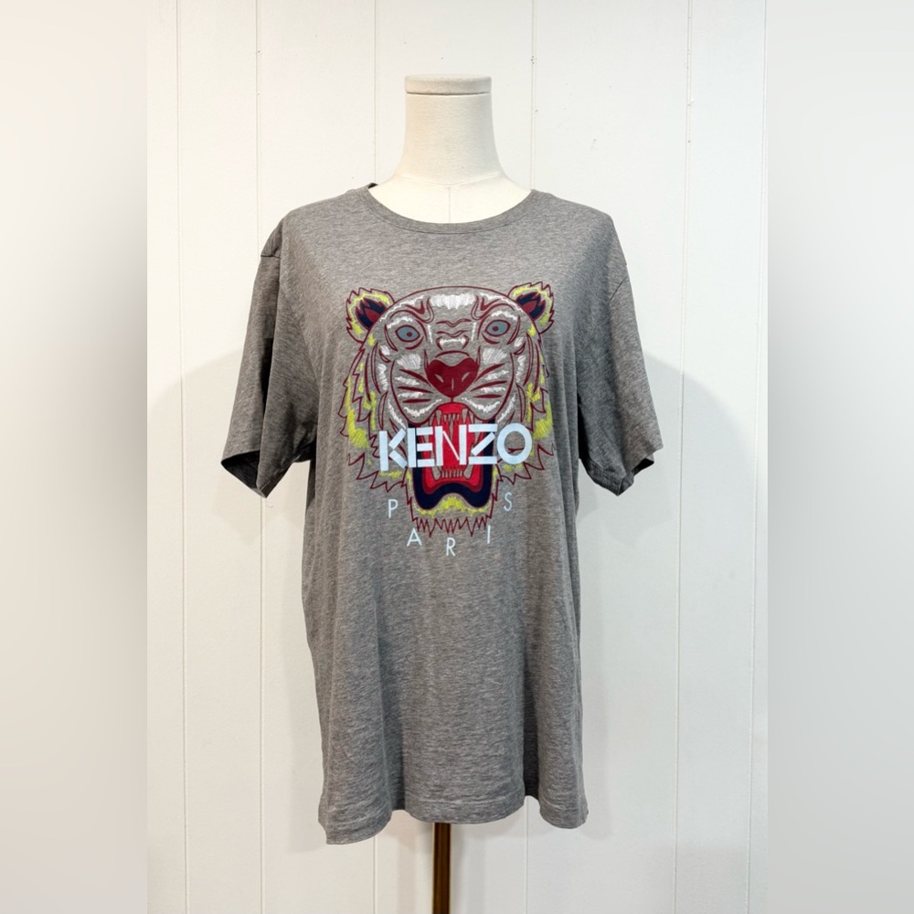 Kenzo Paris Grey Tiger Printed Cotton Crewneck T-shirt Size Medium Designer